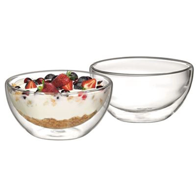 Clear Transparent Hand Made Heat Resistant Borosilicate Glass Double Walled Glass Bowl for Soup Fruit Salad Rice Tableware