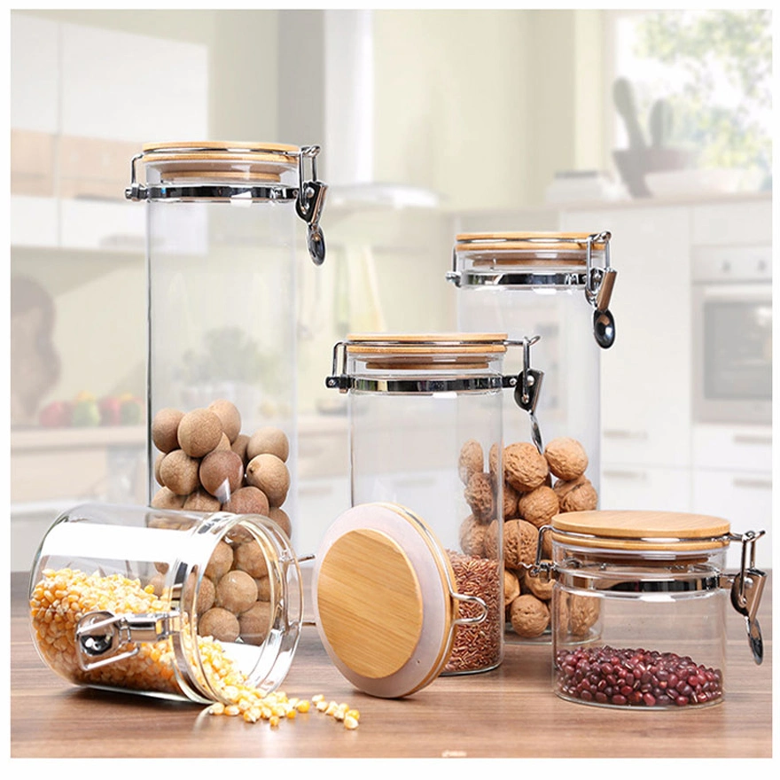 Wholesale High Borosilicate Glass Storage Jar with Bamboo Lid Glass Storage Jars with Wood Lid Food Storage Containers