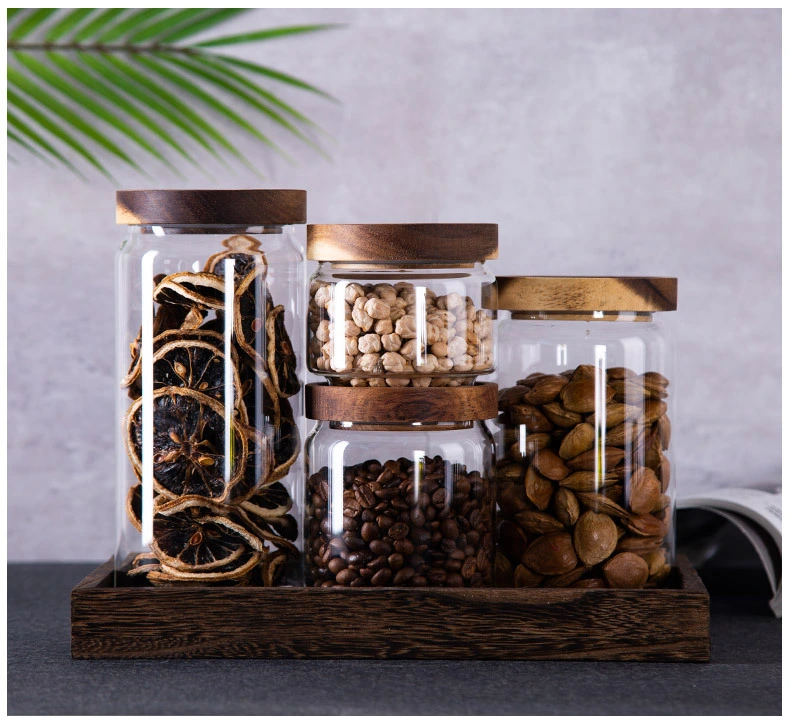 Wholesale Food Storage Borosilicate Glass Jar with Acacia Airtight Clamp Lid for Home and Kitchen Glass Canister Wide Mouth Glass Bottle for Coffee, Flour, Suga