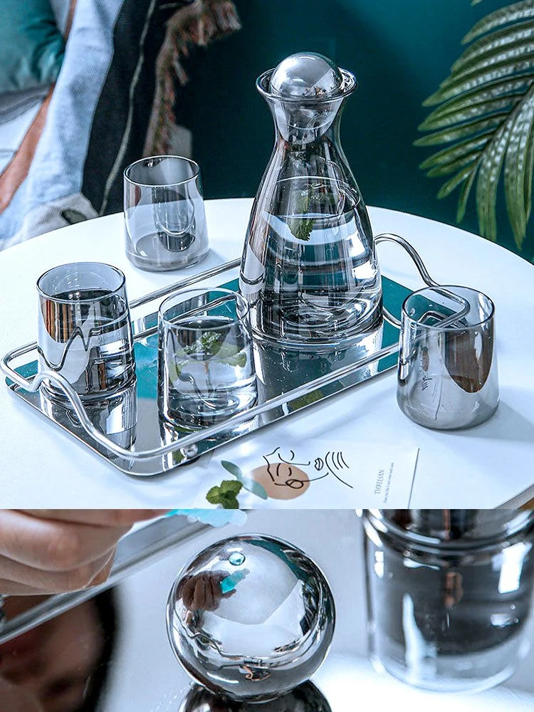 Handmade Plating Colorful Borosilicate Glass Water Jug Set Glass Water Pitcher Set Glassware with Glass Cups and Stainless Steel Plate