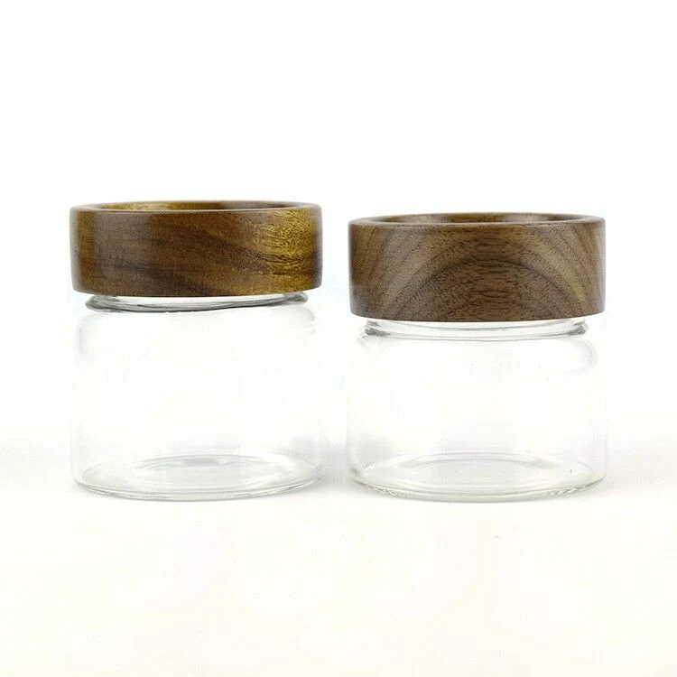 Acacia Woodedn Lid Food Storage Jar Borosilicate Glass Containers with Child Resistant Cap 2oz 3oz 4oz 5oz