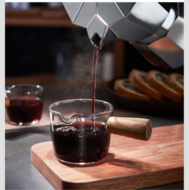 50ml 100ml 150ml High Borosilicate Glass Measuring Cups Espresso Coffee Milk DIP Cups with Wood Handle