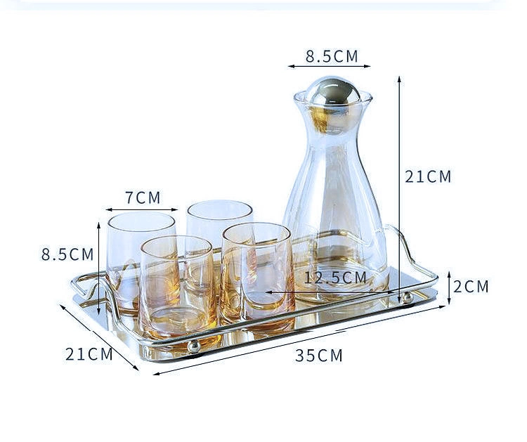 Handmade Plating Colorful Borosilicate Glass Water Jug Set Glass Water Pitcher Set Glassware with Glass Cups and Stainless Steel Plate