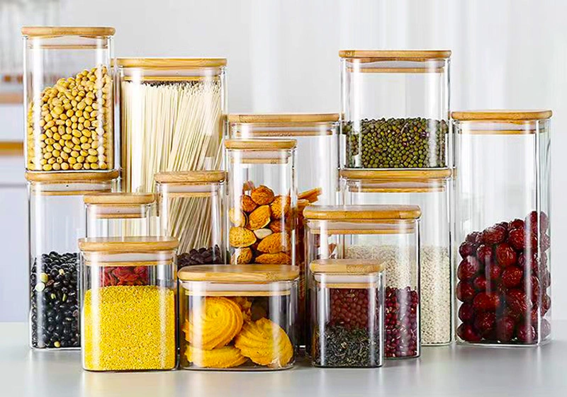 Wholesale High Borosilicate Glass Storage Jar with Bamboo Lid Glass Storage Jars with Wood Lid Food Storage Containers