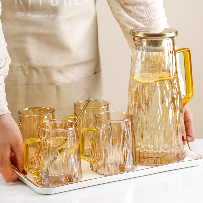 New Design Hand Blown Borosilicate Glassware Drinking Water Pitcher Jug Sets with Stainless Steel Lid