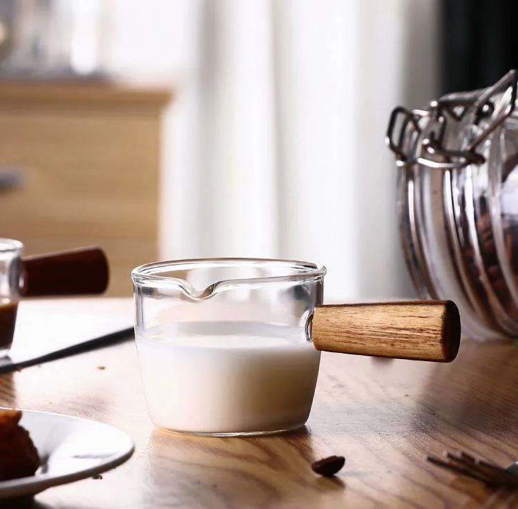 50/100/150ml High Borosilicate Clear Glass Milk Measuring Cups Espresso Coffee Milk DIP Cups with Wood Handle