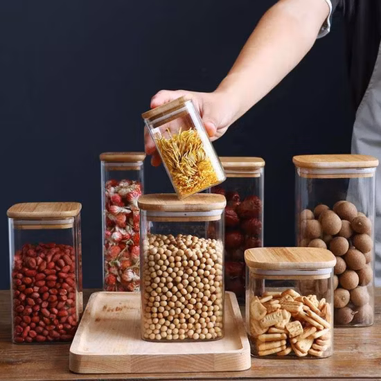 Wholesale High Borosilicate Glass Storage Jar with Bamboo Lid Glass Storage Jars with Wood Lid Food Storage Containers