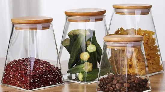 High Borosilicate Glass Jar Airtight Trapezoid Storage Tank Candy Jars Food Canister Container with Bamboo Wooden Lid