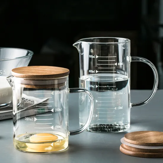Handblown High Borosilicate Heat Resistant Glass Measuring Cup Glass Cup with Bamboo Lid 