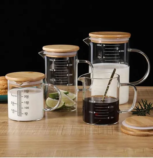 Customized High Borosilicate Glass Strap Handle Glass Measuring Cup for Food 